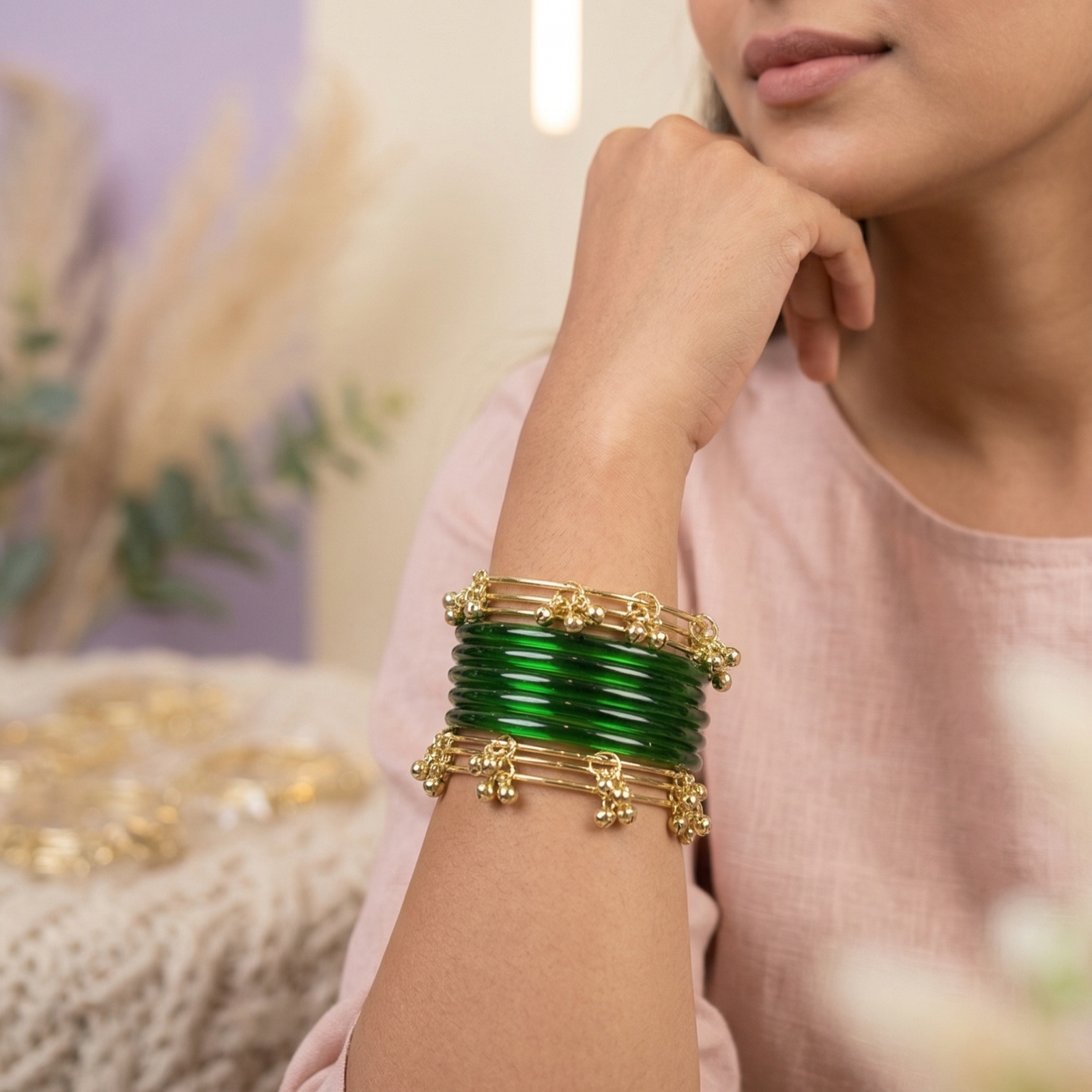 Green Jelly Bangles with Golden Kashmiri Bangles Combo Set (Pack of 12) | 4 Transparent Bangles + 8 Designer Gold Kada | Bridal &amp; Festive Wear