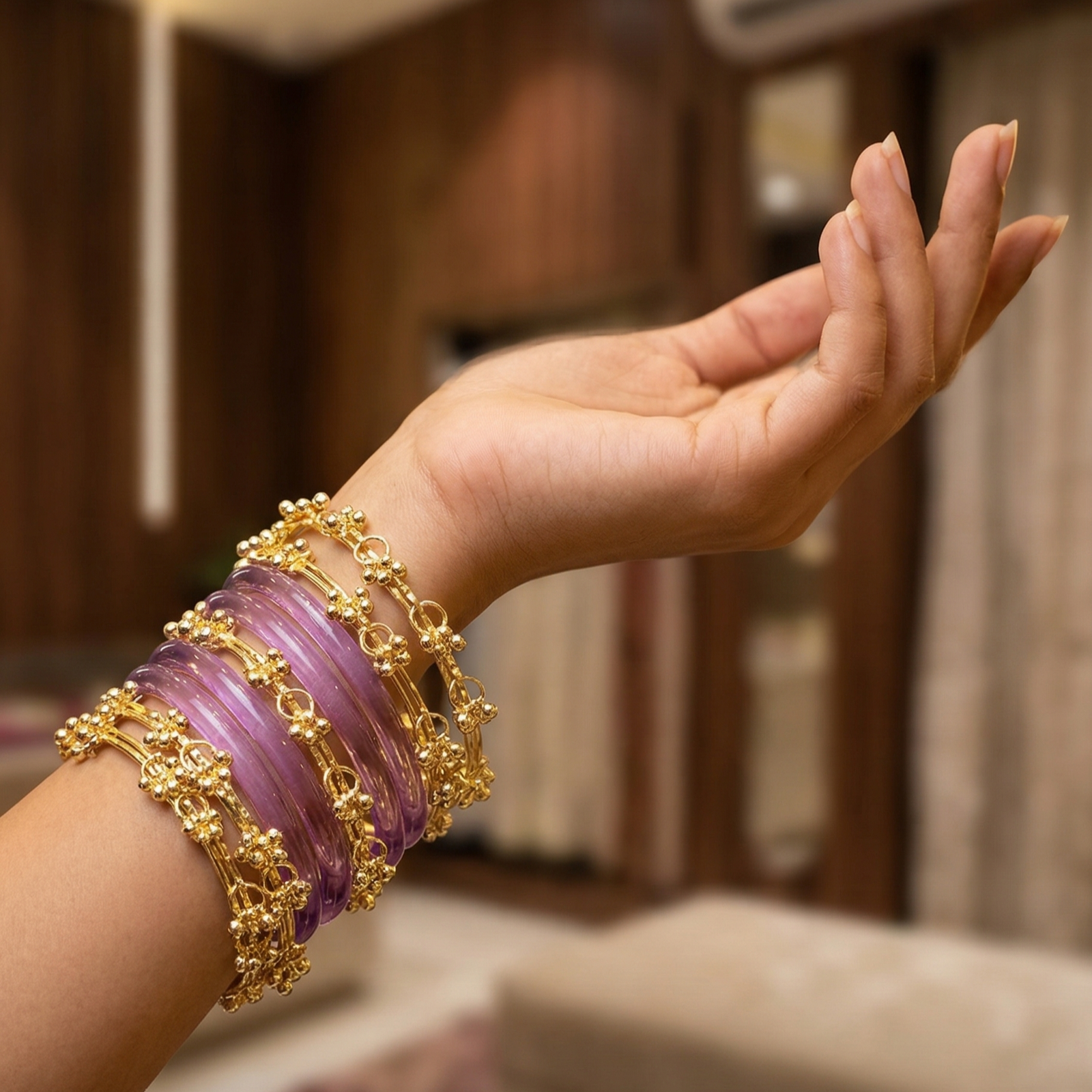 Purple Jelly Bangles with Golden Kashmiri Bangles Combo Set (Pack of 12) | 4 Transparent Bangles + 8 Designer Gold Kada | Wedding &amp;amp; Festive Wear